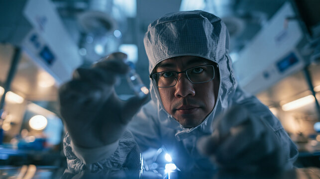Scientist in Cleanroom Suit Inspecting Pharmaceutical Vial in Laboratory