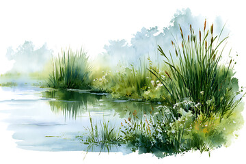 Fototapeta premium Watercolor painting of a serene pond with cattails and lush green reeds isolated on transparent background