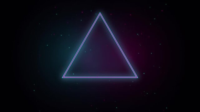 Glowing neon triangle frame with floating particles abstract background, futuristic cyberpunk light effect for digital and motion