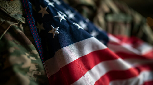 American Flag Draped Over Military Camouflage Uniform