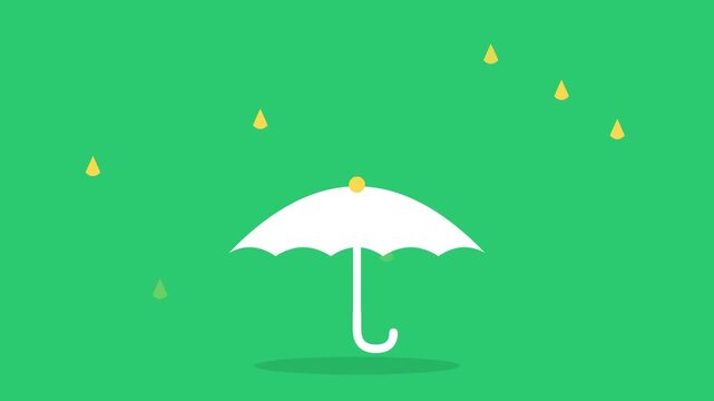 White umbrella protecting from falling yellow rain drops on green. A simple flat vector illustration featuring a white umbrella open under a light rain of yellow droplets.