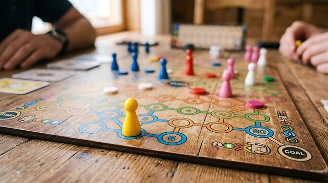 Colorful board game with pawns on a wooden table played by people at home