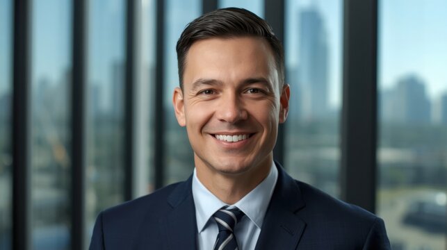 Primer plano de un empresario sereno que sonr&iacute;e sutilmente, con ventanales de suelo a techo y el perfil urbano desenfocado visibles a sus espaldas