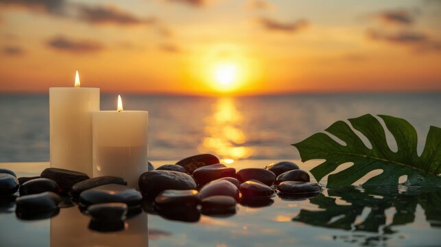 Unas velas de color marfil parpadean suavemente junto a guijarros negros y lisos y hojas de Monstera que se reflejan en una poza poco profunda