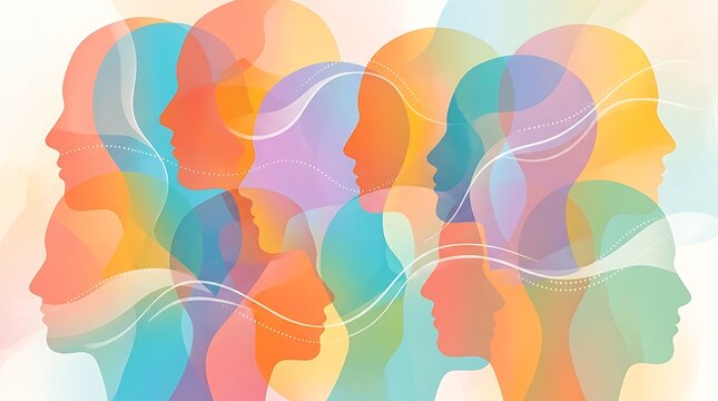 Abstract illustration of multiple colorful human head silhouettes showing diverse thinking and mental connection concepts