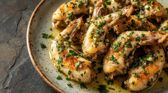 Fried frog legs with garlic butter, parsley on ceramic plate. Tasty French cuisine dish served with lemon, herbs on dark slate background. Gourmet seafood meal prepared for dinner in rustic style