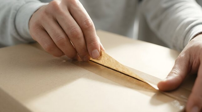 Hands peeling adhesive tape from a cardboard shipping box for delivery