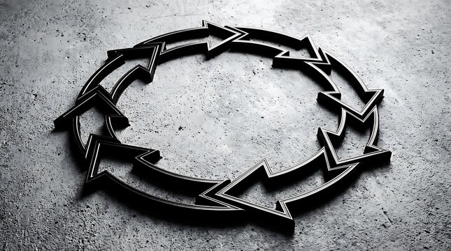 Black circular recycle arrows symbol made of metal on a dark textured concrete floor representing sustainability