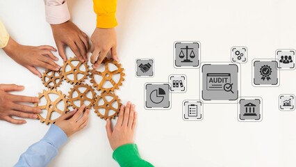 Obraz premium Collaboration in Business Management with Hands Arranging Gears and Icons Representing Audit, Analysis, and Teamwork on a White Background Gluon.