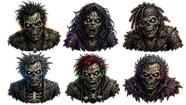 Neon Glow Zombie Portrait Set with Punk Hair and Colorful Eyes, Halloween Illustration
