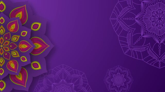 Elegant Purple Background featuring 3D Paper-Cut Style Mandala and Intricate Outline Patterns for Cultural Festivals and Spiritual Design