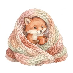 Fototapeta premium Cute watercolor fox wrapped knitted blanket drinking hot cinnamon beverage autumn woodland wildlife cozy