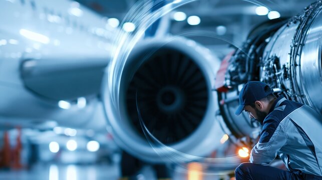 Aircraft technician inspecting jet engine with digital sensor visualization
