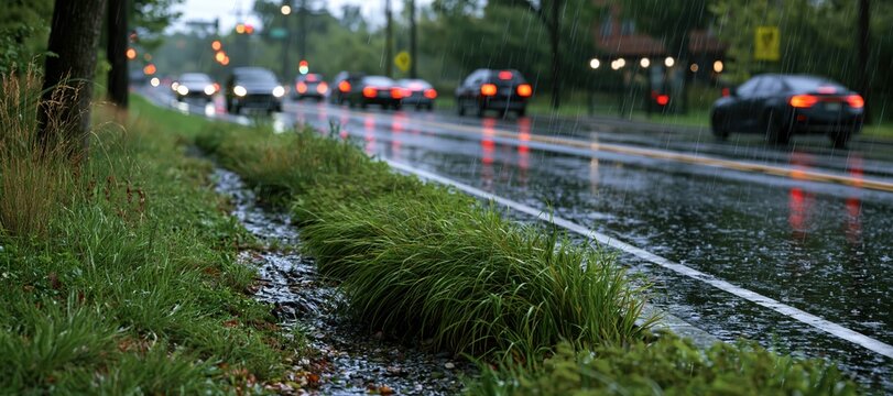 Rain - soaked avenue with stormwater flowing into vegetated swales and underground inlets