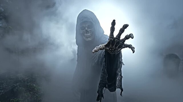 Hooded grim reaper with a skull face pointing toward the viewer in a foggy dead forest, creating a sinister supernatural Halloween horror scene with copy space