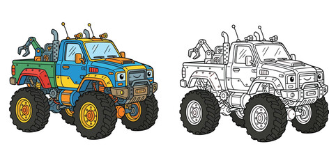 Cute Monster Truck Robot Character with Mechanical Claw and Coloring Page Version © SHOHAG
