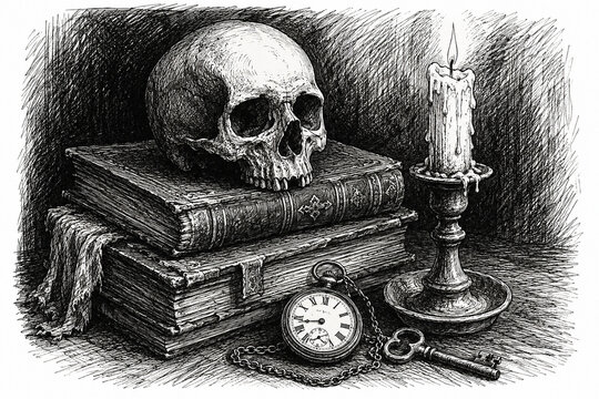 Macabre still life with a human skull resting on stacked antique books beside vintage objects in detailed monochrome engraving style.