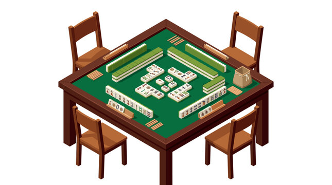Isometric illustration of a traditional mahjong table with four wooden chairs, green felt surface, arranged tiles with Chinese characters, and wooden score sticks on a white background.