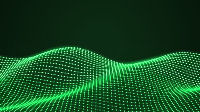 green digital particle wave animation with glowing dot matrix on futuristic technology background