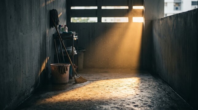 Sunbeams illuminate a forgotten corner with cleaning tools and dust motes dancing