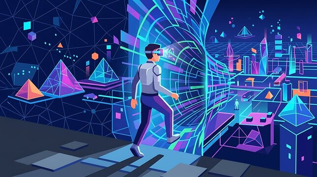 Man entering a neon virtual reality portal