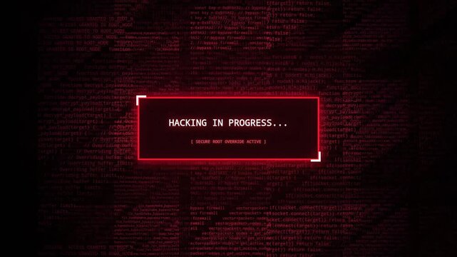 cyber attack hacking in progress animation with red security code on dark digital background