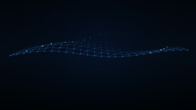 luminous wire mesh landscape with floating nodes for digital network animation