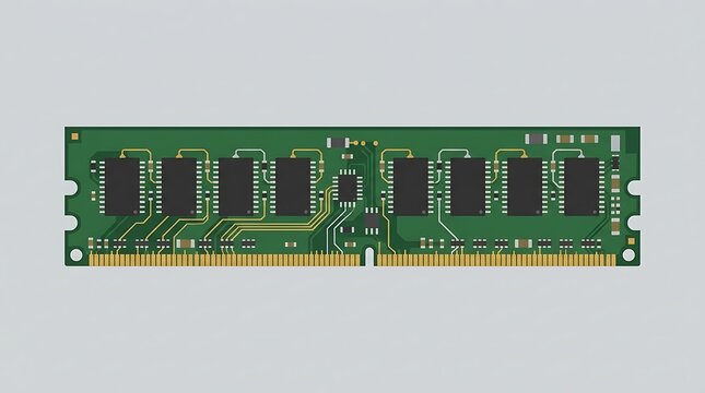 Green RAM memory module with microchips and gold connectors