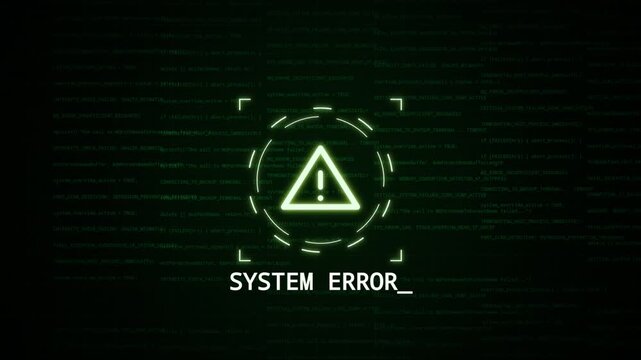 system error warning animation triangle alert with glitch effect and green hacker code on dark background cyber attack