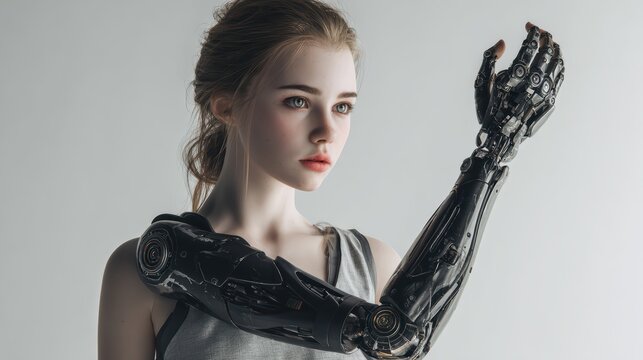 Female human portrait with robotic arm, soft depth of field, cinematic realism