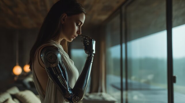 Female human portrait with robotic arm, soft depth of field, cinematic realism