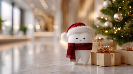 Fototapeta premium Cute tooth character wearing a santa hat and red scarf on marble beside wrapped presents, with blurred christmas tree and warm bokeh lights creating a festive holiday scene