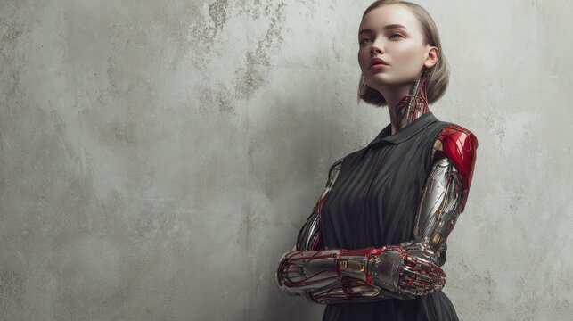 Female human with robotic arm, calm mood, clean sci-fi realism 