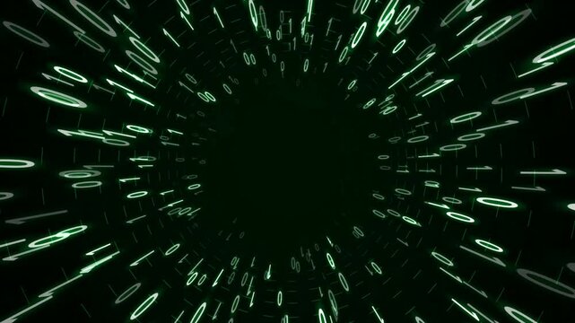 binary code matrix tunnel animation with glowing green digits flying toward camera on technology background
