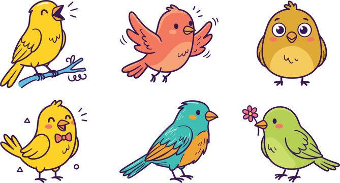 Cute Singing Songbirds and Canary Birds Vector Set Yellow Canary Singing on Blue Branch Flapping Coral Bird in Flight Chubby Baby Chick Happy Yellow Bird with Bow Tie Standing Teal