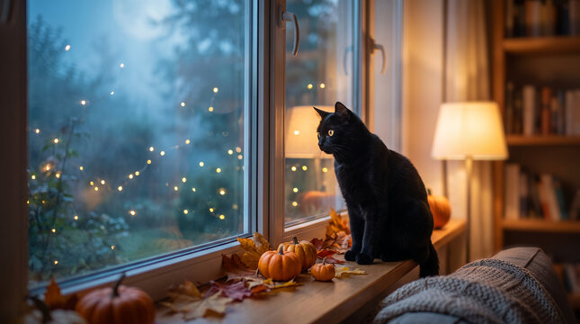 Black cat sitting on a windowsill watching glowing lights outside  