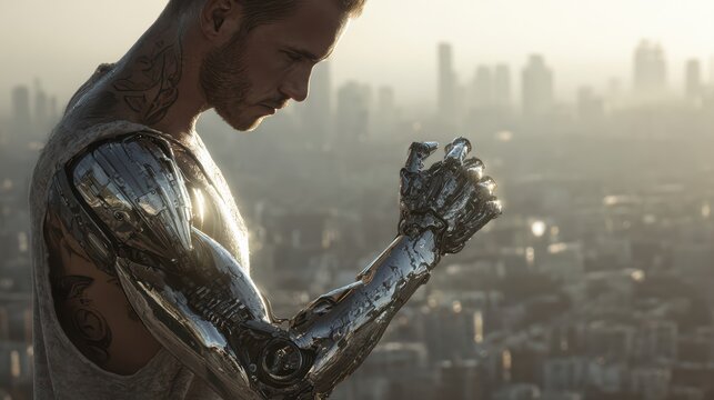 Male human with cybernetic arm, city background, realistic future scenario