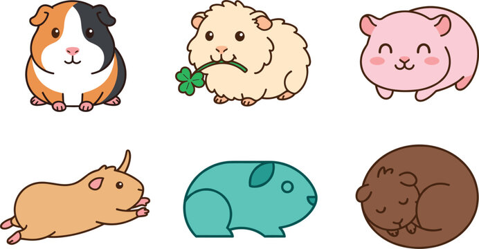 Cute Guinea Pig and Cavy Breeds Vector Set Calico Guinea Pig Fluffy Cream Teddy Cavy Eating Clover Cheerful Pink Hamster Playful Running Guinea Pig Popcorning Stylized Teal Geometric