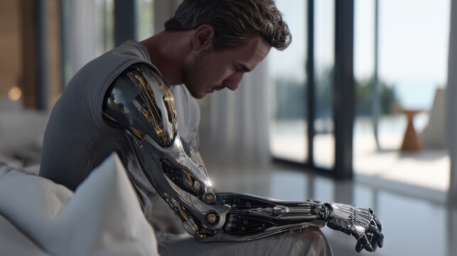 Male human with robotic arm standing outdoors, realistic future technology