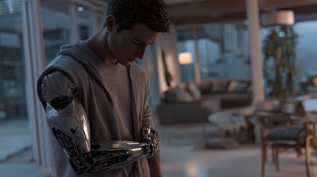Male human with robotic arm, modern interior, subtle sci-fi realism 