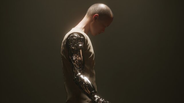 Normal human standing calmly, right arm completely robotic, realistic human skin and metal contrast, cinematic lighting 