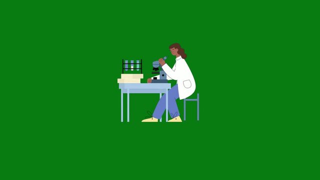 Female scientist or medical professional in white lab coat using microscope in laboratory with test tubes and research documents, flat vector illustration on green screen background.