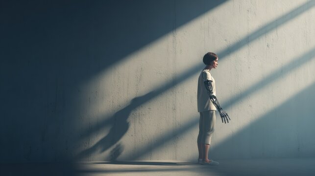 Normal human with left robotic arm, minimalistic environment, soft shadows