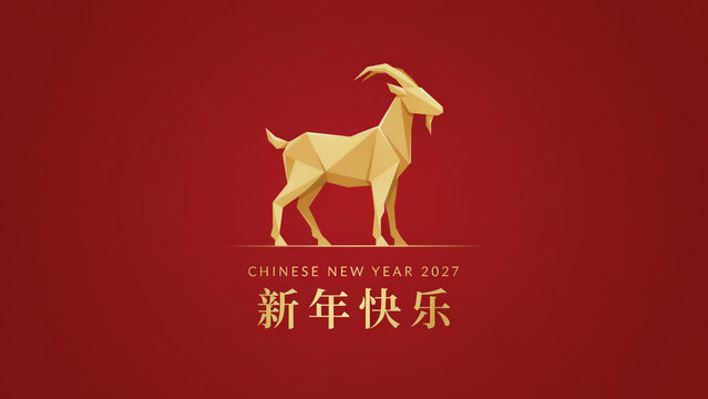 Chinese new year 2027 greeting card with a golden low poly goat illustration on a red background, celebrating the year of the goat