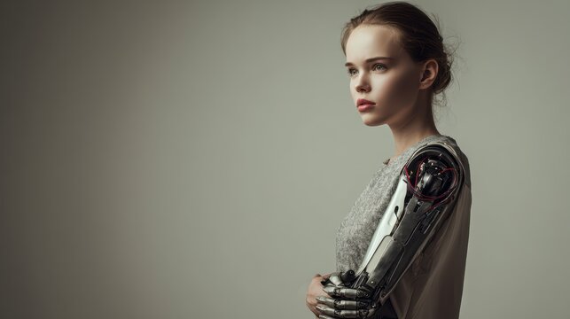 Normal woman with robotic left arm, standing in neutral background, emotional realism 