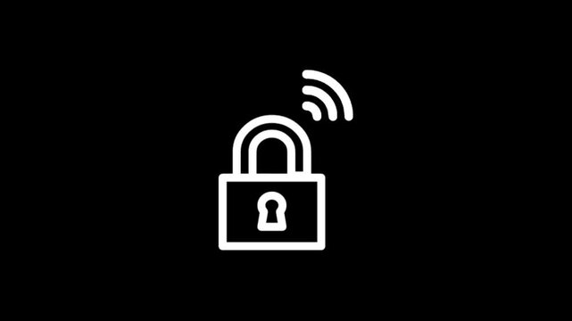Wireless unlocked padlock icon animation on black background