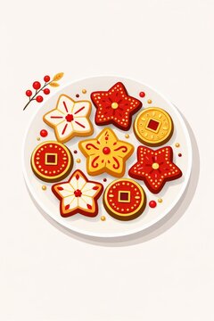 Assorted decorated star and round christmas cookies on plate for holiday baking background and festive food design and seasonal celebration