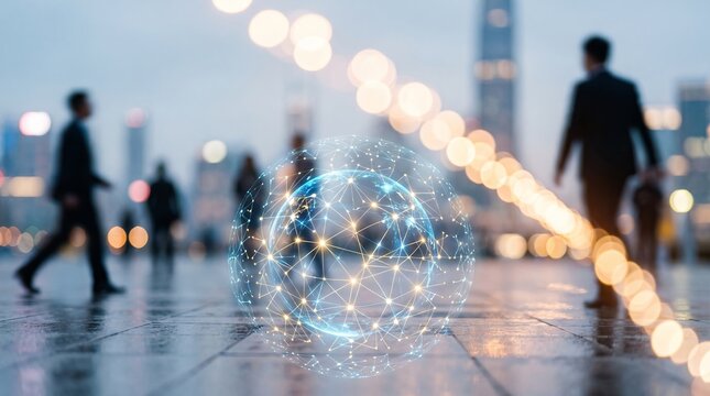 Abstract globe network hologram over city street at dusk with digital globe city background business people modern city urban life data network futuristic tech communication network smart city