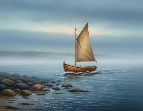 Sailing Ship Painting with Calm Sea and Coastal Horizon View Painting Art Design