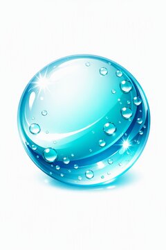 Glossy blue water sphere with droplets and bright reflections for icon logo background or fresh liquid science design element